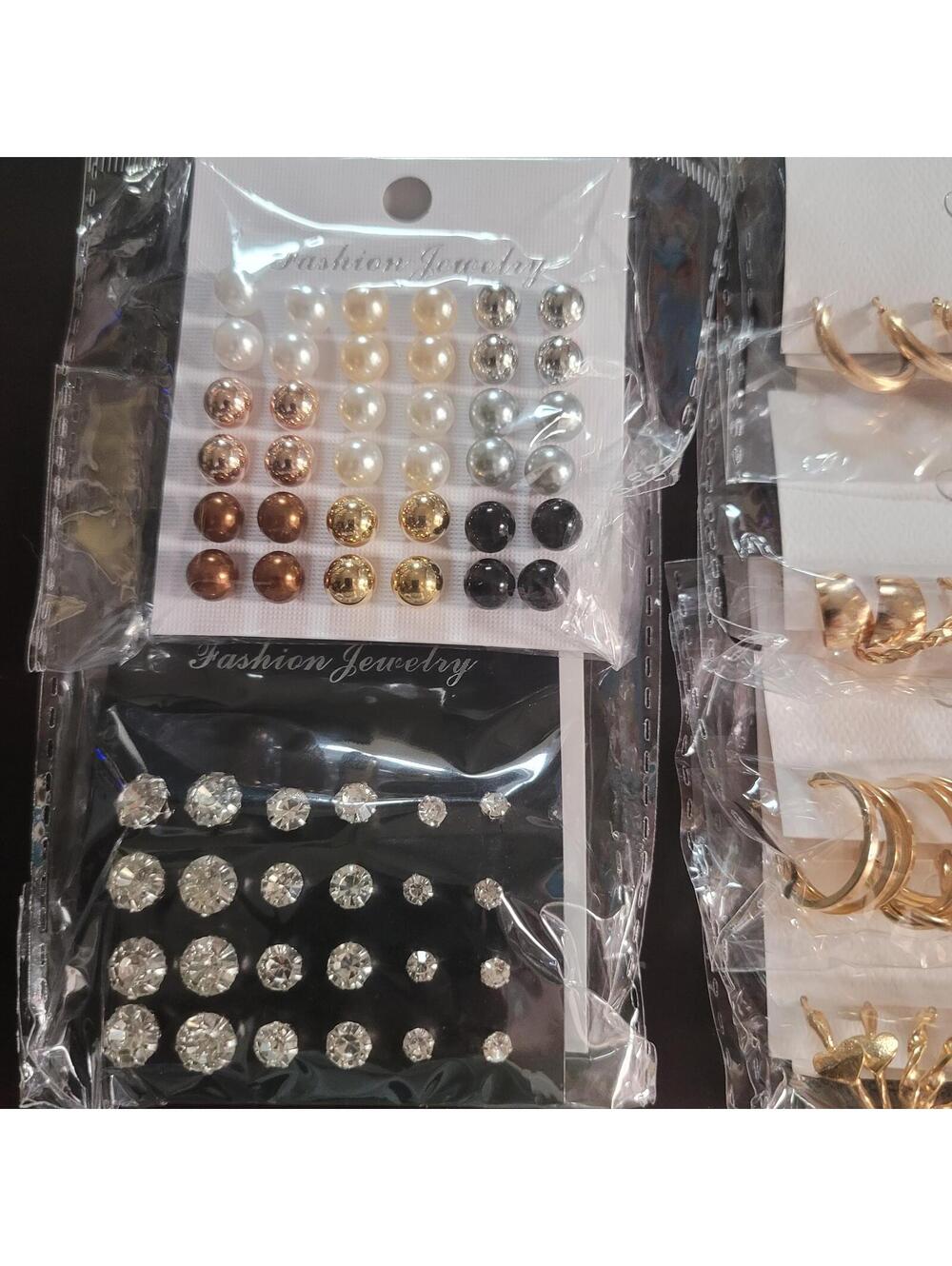 54 pair Mixed Set of Fashion Earrings - Pearl, Rhinestone, and Gold-Tone Hoops
